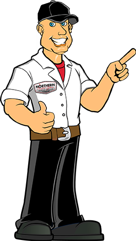 Graphic of an animated man wearing a Northern Comfort Systems uniform, smiling, and pointing.
